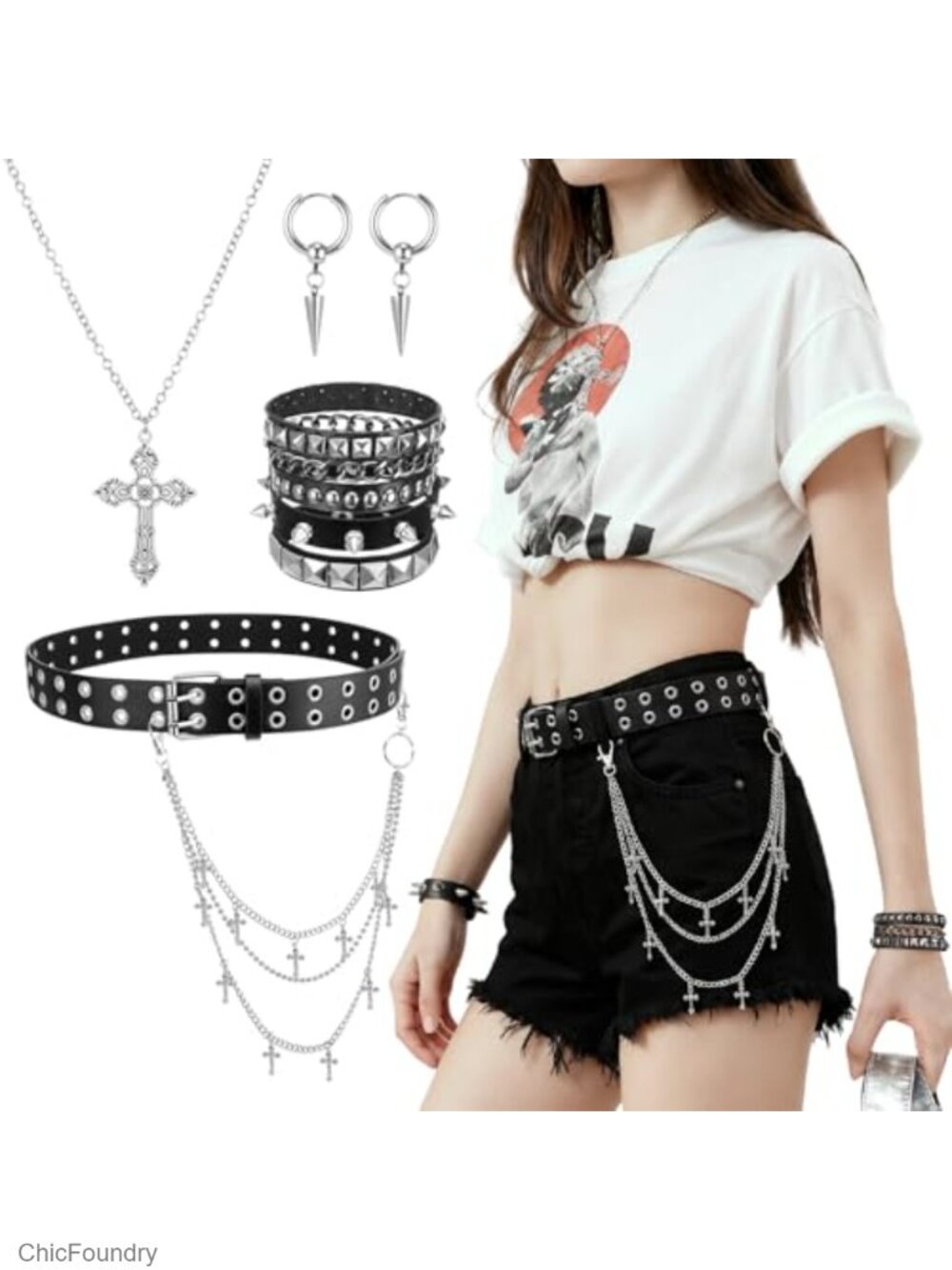 Y2K Studded Belt with Star Chain Punk Gothic Emo Accessories Set